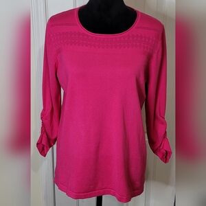 Roz & Ali Women’s Crewneck 3/4 Ruched Sleeves Soft Knit Sweater Pink Size XL